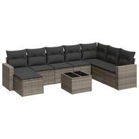 9-delige Loungeset met kussens poly rattan grijs - thumbnail