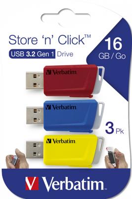 Verbatim V Store N CLICK USB-stick 16 GB Geel, Rood, Blauw 49306 USB-A 3.2 Gen 1