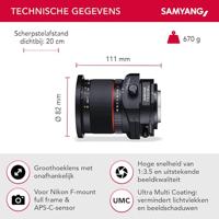 Samyang 24/3,5 lens DSLR T/S Nikon F handmatige focus tilt and shift fotolens groothoeklens zwart - thumbnail