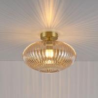 Plafondlamp Ovale ambra - E27-fitting - Bol van geribbeld amberkleurig glas - Vulkaanvormige gouden drager - IP20 voor binnen - thumbnail