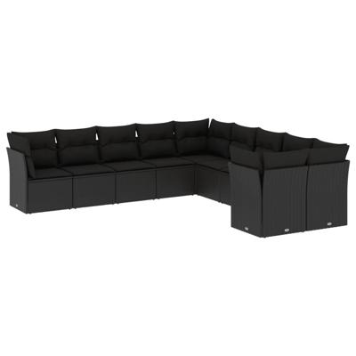 10-delige Loungeset met kussens poly rattan zwart - thumbnail