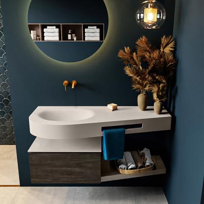 MONDIAZ RIVA 120cm badmeubel onderkast / planchet kleur Dark_Brown met 1 lade. Wastafel DULCET links 0 kraangaten kleur Linen.