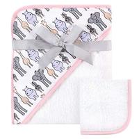 Hudson Baby Print Woven Hooded Towel & Washcloth, Pink Safari, One Size - thumbnail