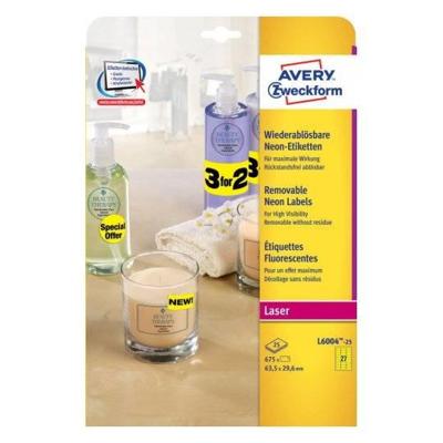 Etiket avery l6004-25 63.5x29.6 neon geel 675st