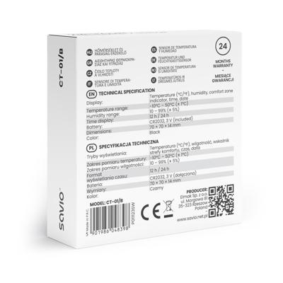 SAVIO Draadloos weerstation, temperatuur- en vochtigheidssensor, voor gebruik binnenshuis, LCD-scherm, klok, datum, handgreep met magneet, CT-01/B Zwart