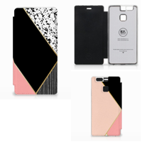 Huawei P9 Flip Case Zwart Roze Vormen - thumbnail