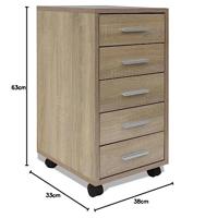 Kantoor ladeblok op wielen 5 lades eiken - thumbnail