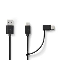Nedis 2-in-1-Kabel | USB 2.0 | USB-A Male | USB Micro-B Male / USB-C™ Male | 480 Mbps | 1.00 m | Vernikkeld | Rond | PVC | Zwart | Label - - thumbnail