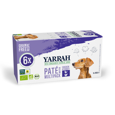 Yarrah Verpakking met 6 blikjes paté met kip en kalkoen biologisch voor honden, 6 x 150 g
