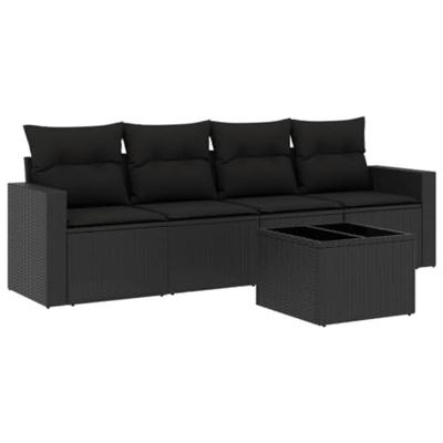 5-delige Loungeset met kussens poly rattan zwart