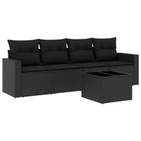 5-delige Loungeset met kussens poly rattan zwart - thumbnail