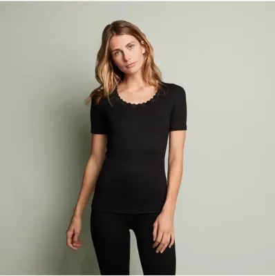 Dames thermo shirt korte mouw - Kant - Warm thermo ondergoed dames - Diepe hals