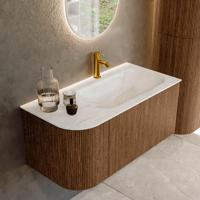 Mondiaz KURVE-DLUX 95 cm Onderkast Greeploos 1 Lade Met Deuren Walnut, Wastafel Solid Surface Rechts Ostra 1 Kraangat Zonder Spiegel (KRVBGS95L1L1D1KR-Wal/Ost) - thumbnail