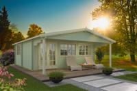 Tuindeco Jackson blokhut 595x595 cm + overkapping 200 cm 70 mm vuren groen geïmpregneerd- Zadeldak- Onbehandeld vurenhout- Tuindeco - thumbnail