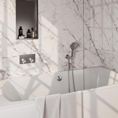 Brauer Brushed Carving Thermostatische Inbouw Badkraan Drukknoppen - Badvulcombinatie - 3 stand - Doucheslang - Wandaansluitbocht - Handdouche - Rvs Geborsteld Pvd