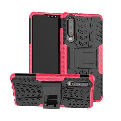 Tire Texture TPU + PC schokbestendig geval voor Huawei P30 met houder (roze) Tire Texture TPU + PC schokbestendig geval voor Huawei P30 met houder (roze)