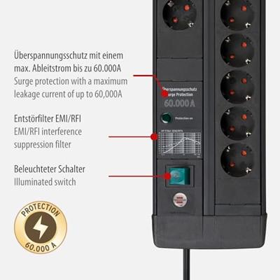Brennenstuhl Premium-Line | 60.000 A | stekkerdoos | met overspanningsbeveiliging | 8-voudig | Duo | zwart | 3m | H05VV-F 3G1,5 1256000698