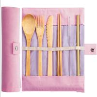 2 stuks reizen creatieve bamboe stro servies messen vork lepel eetstokjes set met doek zak (roze) - thumbnail