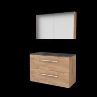 Basic-Line Comfort 46 Badkamermeubelset - 100 x 46 cm - Met Grepen - 2 Lades - Hardstenen Wastafel - 1 Kraangat - Spiegelkast - Whisky Oak - thumbnail