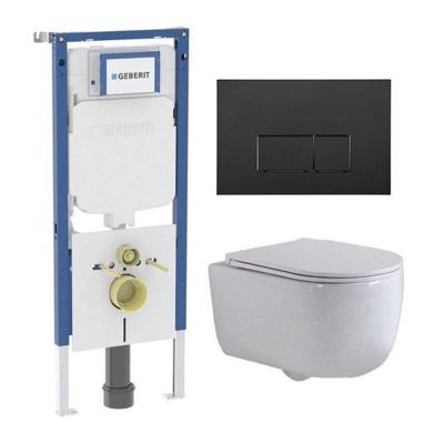 QeramiQ Dely Swirl Toiletset - 36.3x51.7cm - Geberit UP720 Duofix Sigma inbouwreservoir - slim zitting - mat zwarte bedieningsplaat - rechthoekige knoppen - wit glans SW1000766/Sw1026256/SW1237202/SW706189