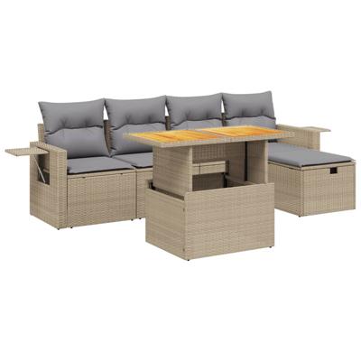 6-delige Loungeset met kussens poly rattan acacia beige