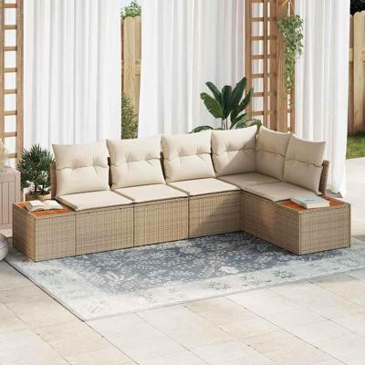 5-delige Tuinbankenset met kussens poly rattan acacia beige