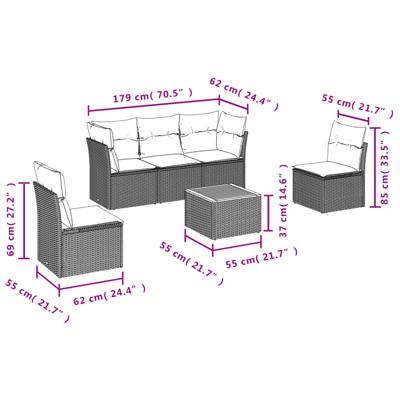 6-delige Loungeset met kussens poly rattan grijs - thumbnail