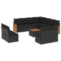 12-delige Loungeset met kussens poly rattan zwart - thumbnail