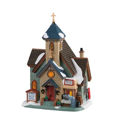 Lemax st. patrick's food pantry & soup kitchen verlichte kerk Caddington Village 2021