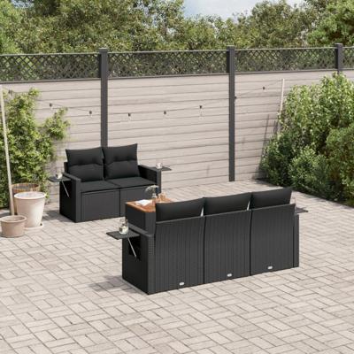 6-delige Loungeset met kussens poly rattan zwart