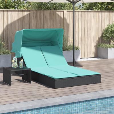 Dubbele ligstoel met luifel en kussens, zwart polyrotan