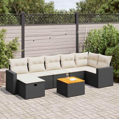 8-delige Loungeset met kussens poly rattan zwart - thumbnail