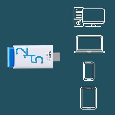 Usb stick 3.2 philips click usb-c 512gb blauw
