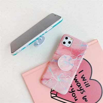 Voor iPhone 11 Pro Max TPU glanzende Laser marmer kleurrijke mobiele telefoon beschermhoes met opvouwbare beugel (roze)