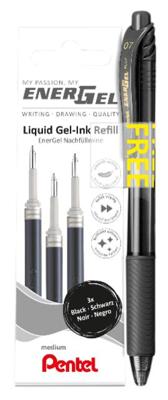 Pentel vulling Energel, 0,7 mm, zwart, 3 stuks + roller (GRATIS)