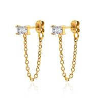 LGT JWLS Dames Oorbellen - Goudkleurig Roestvrij Staal met Transparante Zirkonia, Knop en Ketting - thumbnail