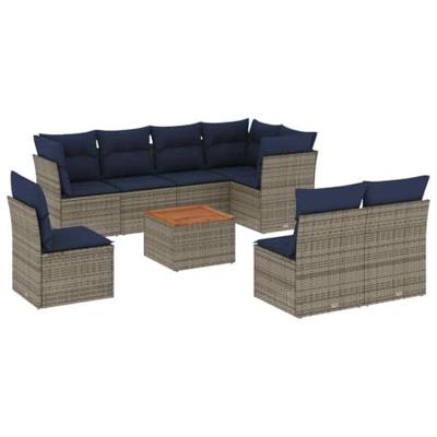 9-delige Loungeset met kussens poly rattan grijs