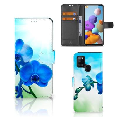 Samsung Galaxy A21s Hoesje Orchidee Blauw - Cadeau voor je Moeder Samsung Galaxy A21s Hoesje Orchidee Blauw - Cadeau voor je Moeder