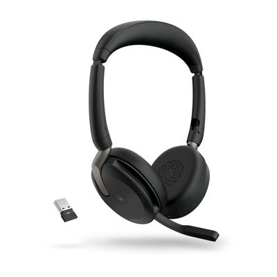 Jabra Evolve2 65 Flex Link380a MS + Ladepad On Ear headset Bluetooth Stereo Zwart Noise Cancelling Headset, Microfoon uitschakelbaar (mute), Volumeregeling,