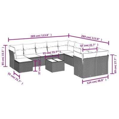 11-delige Loungeset met kussens poly rattan bruin