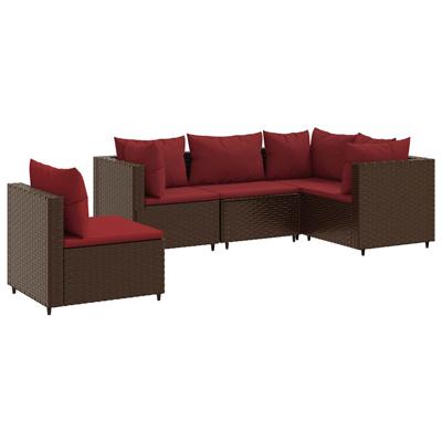 5-delige Loungeset met kussens poly rattan bruin