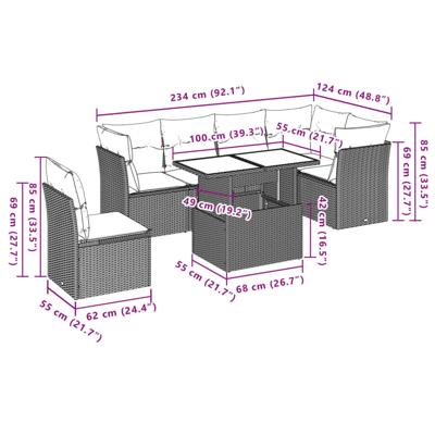 7-delige Loungeset met kussens poly rattan lichtgrijs