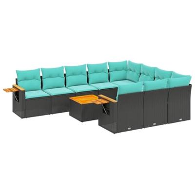 11-delige Loungeset met kussens poly rattan zwart