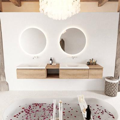 MONDIAZ BUKLA 240cm badmeubel met open module 40 links kleur Washed Oak met 3 lades. Wastafel CLOUD dubbel 0 kraangaten kleur Talc.