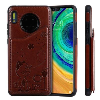 Voor Huawei mate 30 kat Bee reliëf patroon schokbestendige beschermhoes met kaartsleuven & fotolijstjes (bruin)