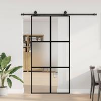 Schuifdeur met beslagset 102,5x205 cm gehard glas zwart - thumbnail