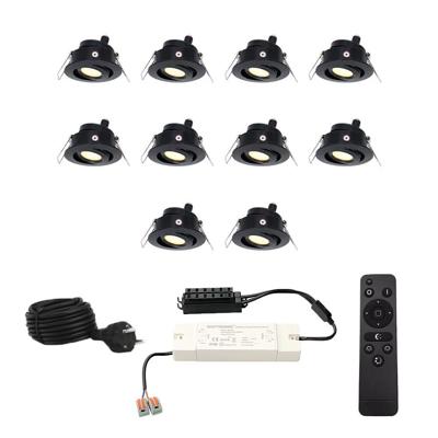 Set met 10 Sienna 12V inbouwspots - 3 Watt 200 lumen - 2700K warm wit - Zwart - IP44 waterdicht - kantelbaar - verandaspots - met afstandsbediening Set met 10 Sienna 12V inbouwspots - 3 Watt 200 lumen - 2700K warm wit - Zwart - IP44 waterdicht - kantelbaar - verandaspots - met afstandsbediening