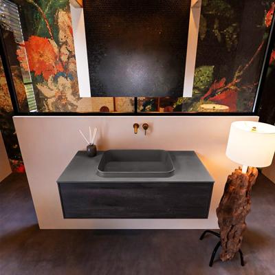 Badkamermeubelset Mondiaz Erin 100 cm met 1 Lade met RIDGE Wastafel Midden Dark grey Zonder Kraangaten Greeploos Mat Dark Brown Badkamermeubelset Mondiaz Erin 100 cm met 1 Lade met RIDGE Wastafel Midden Dark grey Zonder Kraangaten Greeploos Mat Dark Brown