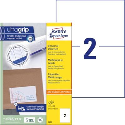 Avery Zweckform 3655, Universele etiketten, Ultragrip, wit, 100 vel, 2 per vel, 210 x 148 mm Avery Zweckform 3655, Universele etiketten, Ultragrip, wit, 100 vel, 2 per vel, 210 x 148 mm