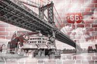 Fotobehang - Amerika, USA, Oldtimer, route66, Brooklyn Bridge, Op stenen achtergrond, 11 maten, incl behanglijm - thumbnail